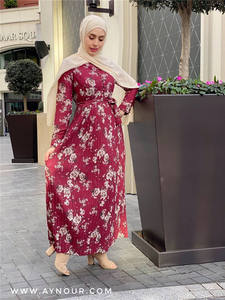 Abbigliamento etnico islamico preghiera elegante O collo bottone frontale stampa floreale pieghettato Chiffon abito Abaya musulmano Dubai <span class=keywords><strong>turchia</strong></span> Ramadan - Product Image 3