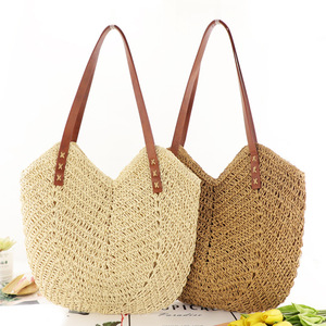 Summer Beach Girls <b>Straw</b> <b>Bag</b> Two Open Woven Rattan Tote Handbag with Leather Handles Chic Shoulder <b>Bag</b> - Product Image 1