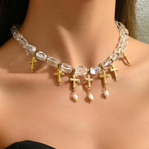 Collar con colgante de cruz de cuentas de cristal blanco para mujer, fiesta elegante, uso diario, regalo de joyería - Product Image 2