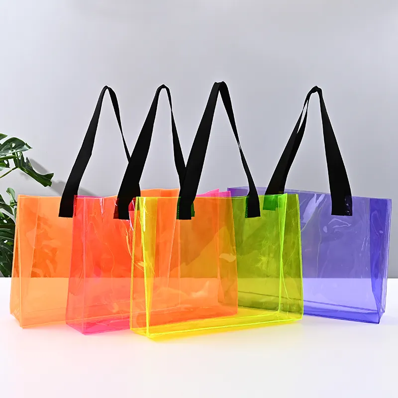 ready to ship can custom logo Luxury Large Handbags Women Tote Bag Pvc Iridescent Holographic Tote Beach Bag PU ribbon handles