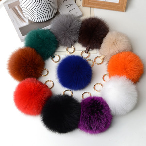 Porte-clés en fourrure de renard véritable et moelleux 10 11 12 13 14 15cm Pompons Ball Car Key Chain Metal Ring Pendant pour femmes - Product Image 1