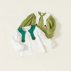 เสื้อแขนยาวคอตตอนสีเขียวคอเชอร์รี่สีขาวสำหรับเด็กผู้หญิงวัยหัดเดิน