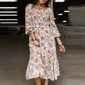 Hot Sale Chiffon Long-sleeved Floral Print Dress For Women 100% Polvester Elegant Casual Sexy Dresses