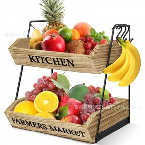 Cesta de Frutas de Madera de 2 Niveles, Estante de Almacenamiento para Cocina, Gran Capacidad, Estilo Mercado de Agricultores, Organizador de Encimera - Product Image 1