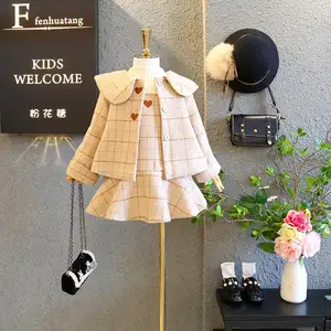 2ピース/セットFashion Kids Plaid Princess Woolen Jacket + DressためGirls Children Treasure Dress Love Heart Clothing Set