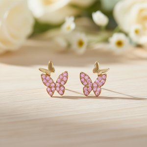 Orecchini a perno a forma di farfalla rosa placcati oro con strass di cristallo, gioielli alla moda da donna, regalo, montatura in lega - Product Image 2