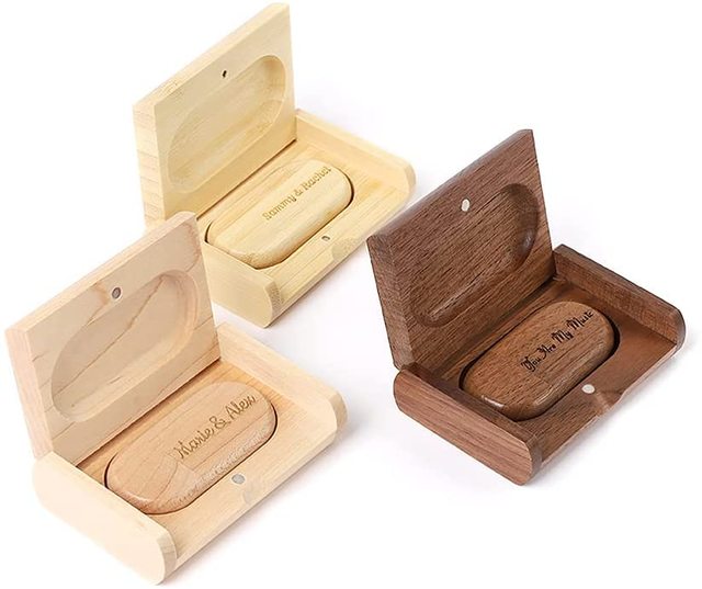 JUNJI Personalized Laser Engraved Solid Wooden USB Flash Drive USB Box Wedding Photo Memory Storage Box