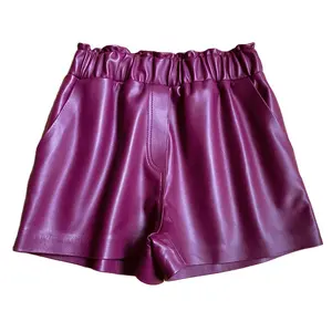 最新设计真皮羊皮短裤紫色性感弹力高腰真皮短裤批发