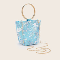 Tas Tangan Biru Langit Unik Desainer dengan Bordir Payet Bunga, Pegangan Cincin Bundar, Mewah, Elegan, Portabel, untuk Wanita
