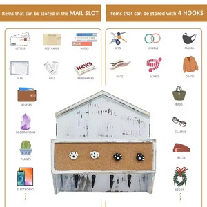 Wall-mounted <b>Rustic</b> White <b>Wooden</b> Storage Box With Cork Board And Hooks For Mail Key Organizer - Product Image 4