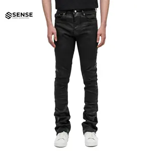 SENSE Custom High Street Hip Hop Silver Foiled Waxed Heavy Distressing Stacked Flare Denim Jeans Pants