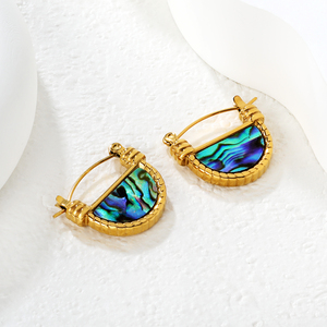 18K Gold Plated Stainless Steel Fan-Shaped Earrings with Natural <b>Abalone</b> <b>Shell</b> Inlay Hypoallergenic Waterproof Hoop for Women - Product Image 3