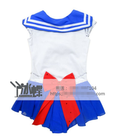 Vestido de patinaje azul hecho a mano para niñas con figura de Sailor Moon Ropa de rendimiento personalizada con diamantes de imitación para baile y Patinaje