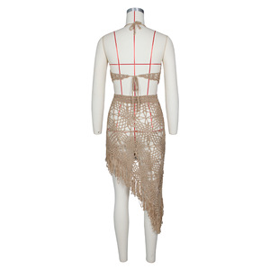 Vente chaude vacances d'été voir à travers les femmes <span class=keywords><strong>frange</strong></span> gland pansement Bikini Sexy tissé haut robe découpé ensemble de plage - Product Image 6