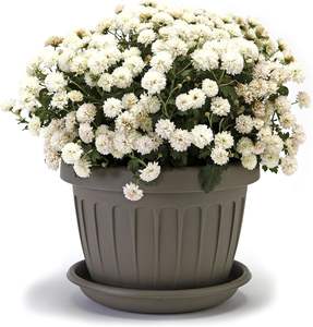 Vaso per Fiori in Plastica Infrangibile Resistente ai Raggi UV con Sottovaso, Vaso per Piante Rotondo Resistente alle Intemperie per Interni ed Esterni con Drenaggio dell'Acqua - Product Image 3