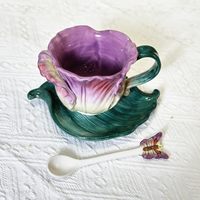 Tasse à thé en céramique et soucoupe 6OZ 3D peint à la main fleur et feuille de Lotus tasse à café cadeau pour les femmes-tulipe violette