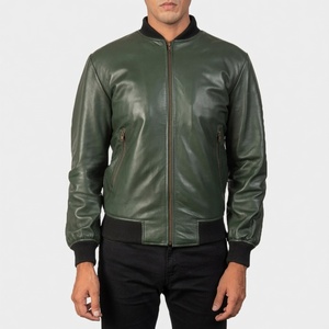 Men's Green Genuine Leather Slim Fit Bomber Jacket with Front Logo <b>Covered</b> <b>Button</b> Closure Regular Fit Solid Color Autumn Style - Product Image 5