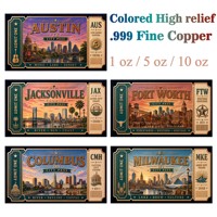Barre de cuivre pur 999 de 5 oz, colorée, en relief 3D, série Avancée Tendance Villes Américaines, édition limitée, objet de collection artistique