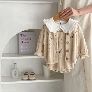 秋季婴儿毛衣女童刺绣针织外套无袖连衫套装婴儿针织衫婴儿毛衣刺绣针织外套