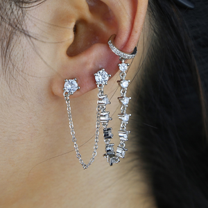 أقراط متدلية أنيقة مطلية بالذهب مع أذن لامعة للنساء مرصعة بالزركونيا المكعبة البيضاء والمجوهرات العصرية بشراشيب طويلة - Product Image 5