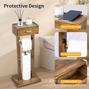Wooden Floor <b>Standing</b> Toilet Paper Holder With Drawer Storage Rustic Design For Bathroom - Product Image 4