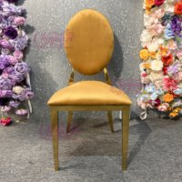 Chaise de salle à manger ovale en velours jaune, en acier inoxydable doré, durable, moderne et luxueuse, pour mariage, événement, banquet, hôtel, hôpital (vente en gros)