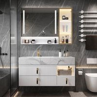 Meja Rias Kamar Mandi Minimalis Modern dengan Wastafel untuk Ruangan Kecil Desain Menggantung dengan Cermin Pintar dan Penyimpanan Kabinet Samping