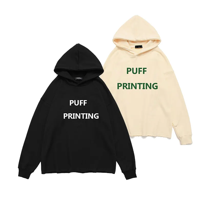 3d Puff Printing Dropped Shoulder Hoodies Custom Logo Embroidery Unisex Oversize Pullover Cut Edge Raw Hem Hoodies For Men