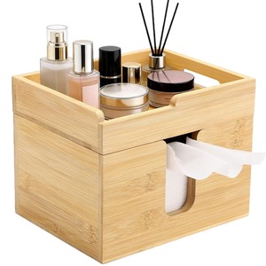 Wooden Cosmetic Organizer <b>Box</b> With Tissue Holder For Bathroom Vanity <b>Makeup</b> Storage Eco-Friendly Bamboo Design - Product Image 5