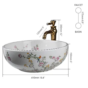 Évier de salle de bain Art moderne en forme de fleur Évier en céramique Évier de comptoir Évier de salle de bain Cascade Robinet et vidange Pop-up Combo