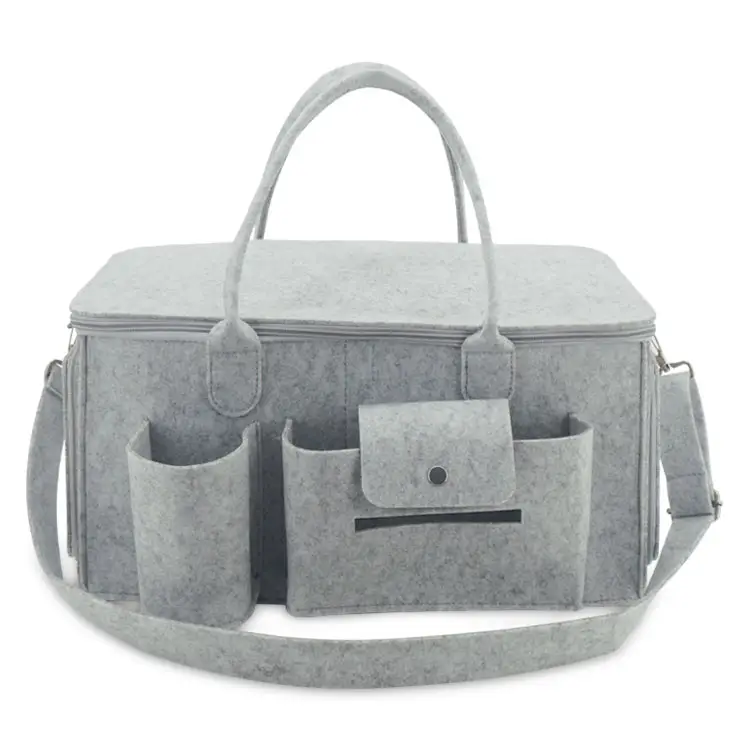 Soft Felt Grey Nappy Bag with Adjustable Compartments Baby Diaper Caddy Organizer for Boy or Girl Home   Car Travel