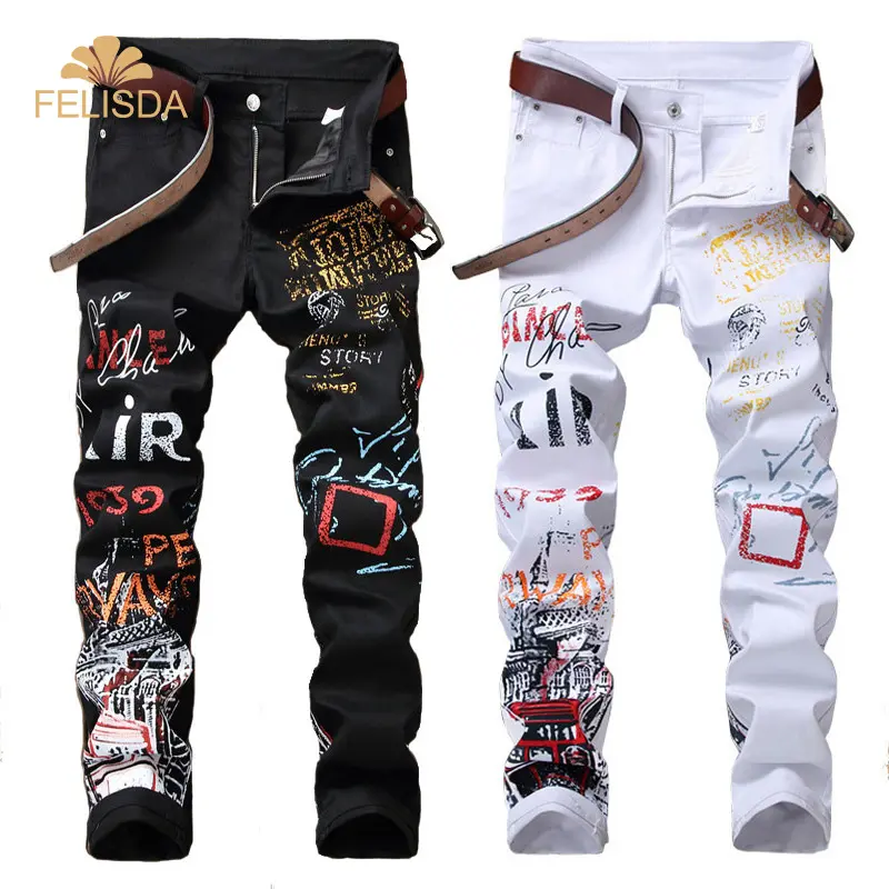 Джинсы мужские в стиле хип-хоп, модные брендовые дизайнерские штаны в стиле панк, Клубные брюки, большие размеры, черные белые