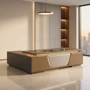 Mesa de <span class=keywords><strong>Oficina</strong></span> Modular de Madera para CEO, <span class=keywords><strong>Escritorio</strong></span> Ejecutivo de <span class=keywords><strong>Diseño</strong></span> Moderno, Superficie de Madera de Nogal, Juego de <span class=keywords><strong>Escritorio</strong></span> y Silla de <span class=keywords><strong>Oficina</strong></span> Gris - Product Image 2