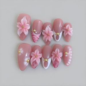 <span class=keywords><strong>Uñas</strong></span> Postizas a Presión, Color Rosa Nude, Forma Almendrada Mediana, con Diseño 3D de Flor de Lirio Rosa, Francés, Leopardo, Cebra y Cuentas Doradas, Hechas a Mano - Product Image 3