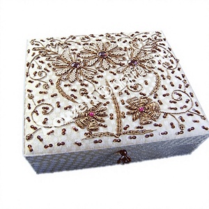 Handmade Eco-Friendly <b>Rectangular</b> Embroidered Cotton Box Brocade Foundation Floral Design Gift Home Decoration Accessory Brass - Product Image 1