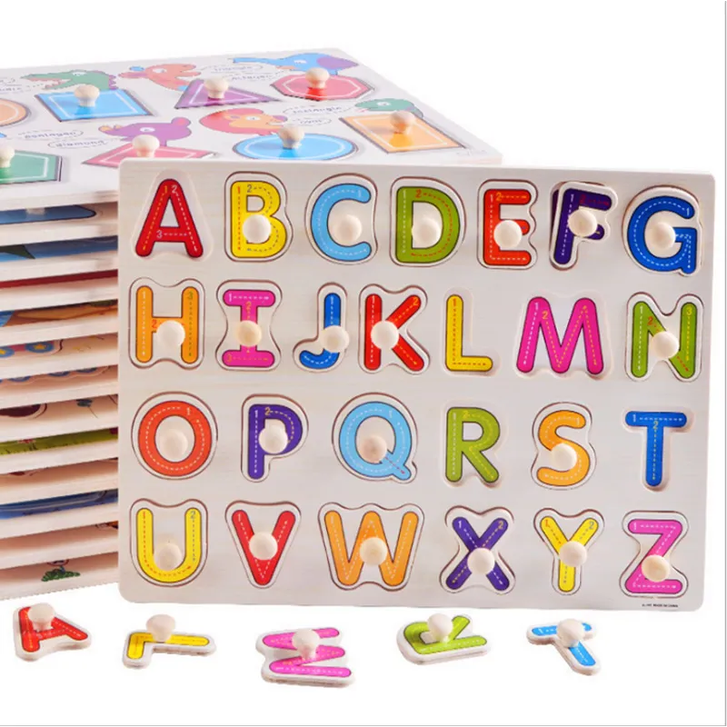 Wooden Hand Grasp Capital Alphabet Puzzle Kids Early Education Letters Block Board Puzzles For Preschool Toddlers