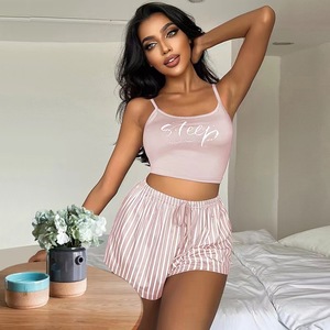 Setelan piyama Suspender wanita, celana pendek termal dengan garis huruf yang bisa dipakai di luar ruangan - Product Image 5
