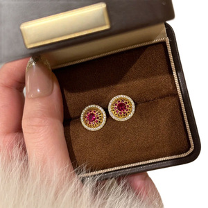 Chinese Style Rose Window Earrings Ruby Full Diamond Geometric Design Women's Everyday Wear - Product Image 5