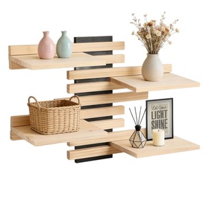 Wooden <b>Wall</b> <b>Mounted</b> <b>Shelf</b> 4 Layers Natural Color Durable Storage Rack For Home Living Room Bedroom Bathroom Organization - Product Image 5