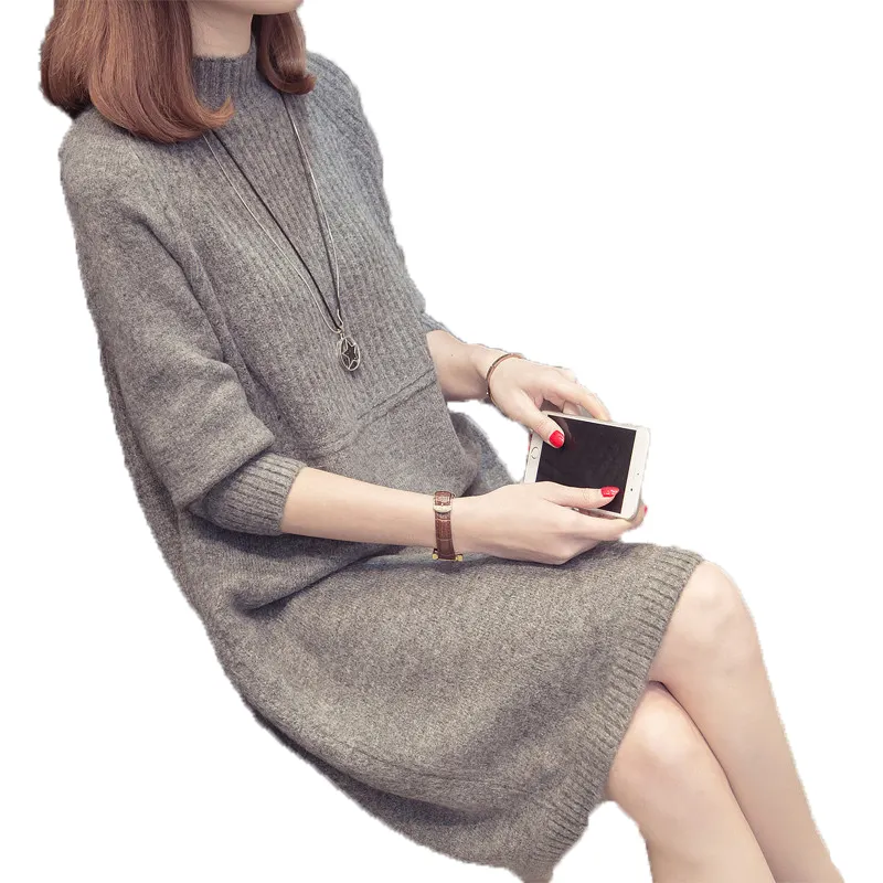 2021 Spring new arrival office women Korean version Medium - long half stand collar pure color sweater dress