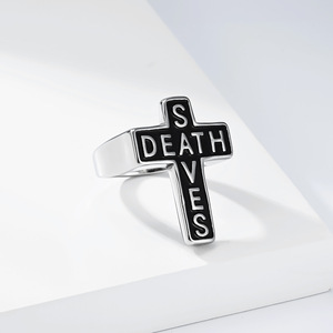 Anello Gotico in Acciaio Inox con Croce '<span class=keywords><strong>DEATH</strong></span> SAVES' Placcato Oro 18K, Impermeabile, Anello Religioso Punk Retrò Rock da Uomo - Product Image 3