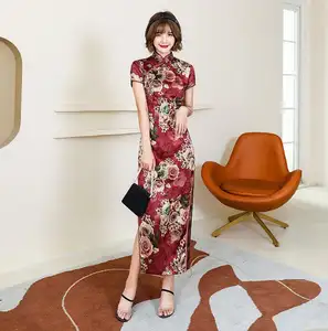 Ecowalson vestido midi vintage feminino, fantasia floral cheongsam, manga curta, fenda lateral, vestido midi, moderno, chinês, tradicional, qipao