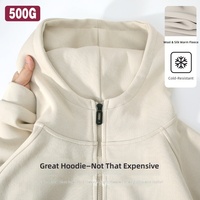 Hoodie Pria Heavyweight 500G Berbahan Fleece Brushed, Resleting Penuh, Lengan Raglan, Kantong Samping, Hangat untuk Musim Dingin, Streetwear