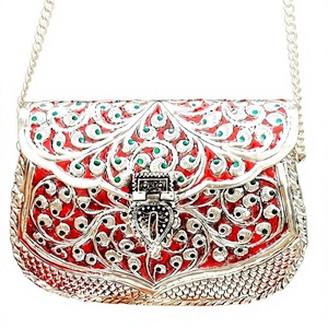 Handmade Metal Clutch <b>Bag</b> With Red Enamel And Silver Filigree Chain Strap Elegant Evening Party Handbag - Product Image 1