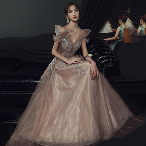 Off-Shoulder Ball Gown Evening Dress Khaki Light Purple Chiffon Empire Waistline Slim Fit Formal Party Wear - Product Image 1