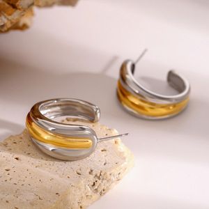 <b>Huggie</b> Earrings Two Tone Gold And <b>Silver</b> Geometric Design Party Jewelry Fashionable Statement Earrings - Product Image 3