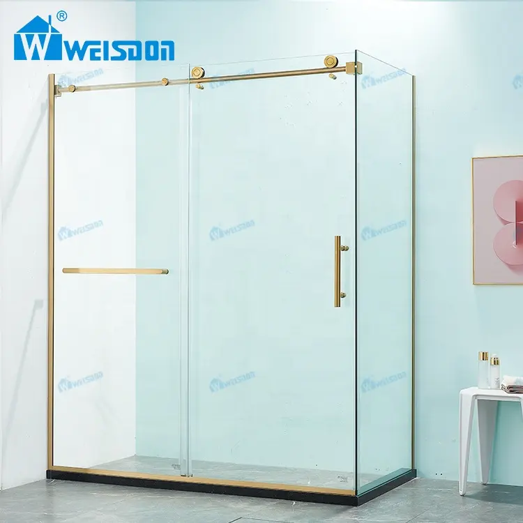 Weisdon ตู้อาบน้ำกระจกนิรภัยสี่เหลี่ยมสแตนเลสประตูห้องอาบน้ำแบบไร้กรอบสีทอง