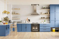 Armoire de cuisine en L de style côtier, finition peinte bleu clair mat, avec étagère flottante en bois massif – Vente en gros