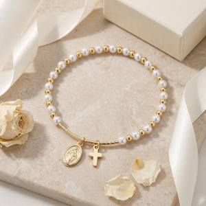 Bracciale Go2Boho in ottone placcato oro 18 carati con perle finte <span class=keywords><strong>e</strong></span> ciondolo a croce <span class=keywords><strong>e</strong></span> ovale, 17,5 cm - Product Image 6