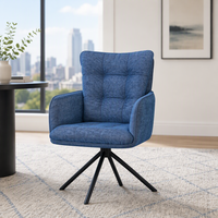 Fauteuil moderne à dossier haut en tissu bleu foncé avec pieds en métal noir robustes, base pivotante à 360 degrés, chaise de salle à manger